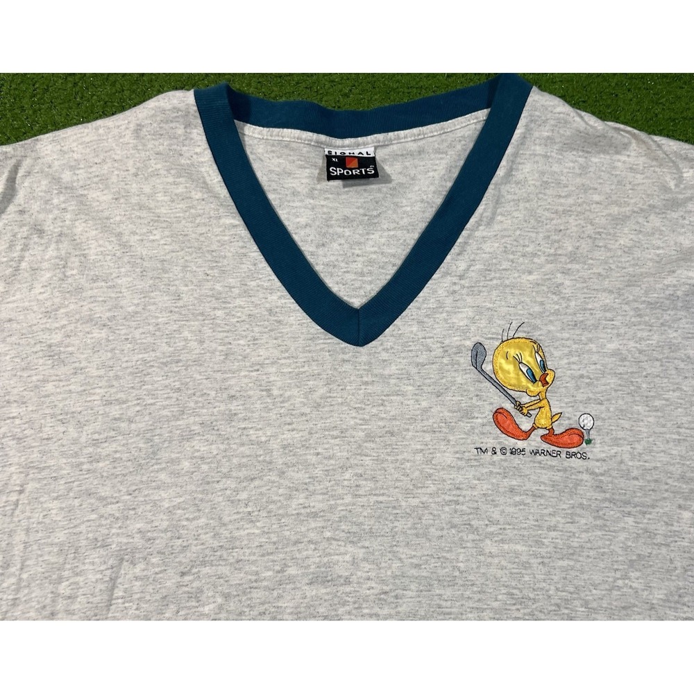 Vintage Looney Tunes Golf Shirt XL Tweety Bird ColorBlock 90s Grey Teal 1995